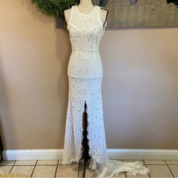Lulu's White Lace Open Back Wedding Dress - Picture 2 of 16